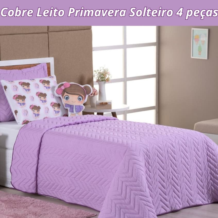 Kit Cobre Leito Solteiro Primavera 4 peças Matelado Forrado Microfibra + Almofada Decorativa Borboleta Boneca