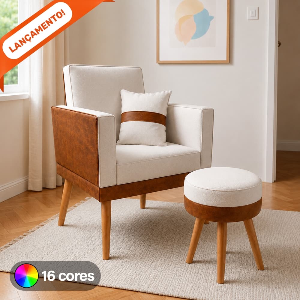 Poltrona para Sala Decorativa Lis com Almofada e Puff Redondo Corino Peroba e Suede Aninha Decor