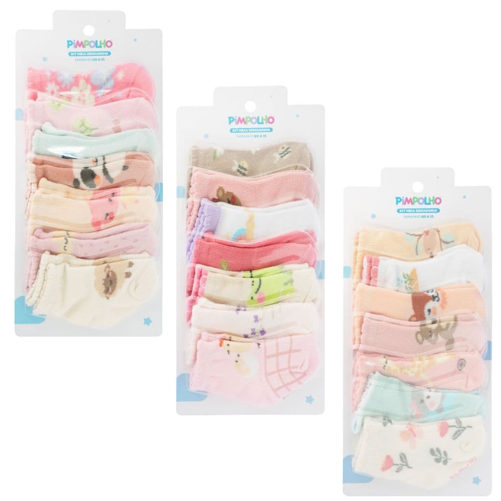 Kit Meia Bebê Menina Pimpolho Kit Semaninha 7 Pares 00-15 Meia Infantil Bebe RN Pimpolho