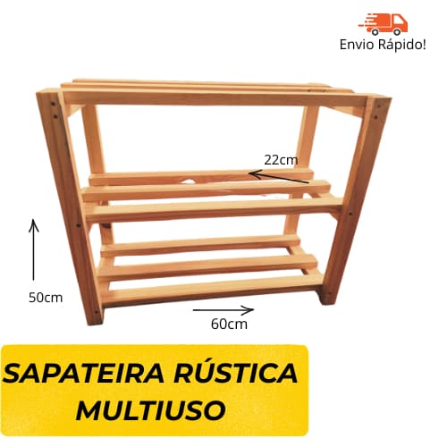 SAPATEIRA 3 PRATELEIRAS RÚSTICA MADEIRA MULTIUSO 60X50X22 SAPATEIRA HALL CLOSET COZINHA SALA ESTANTE ORGANIZADORA
