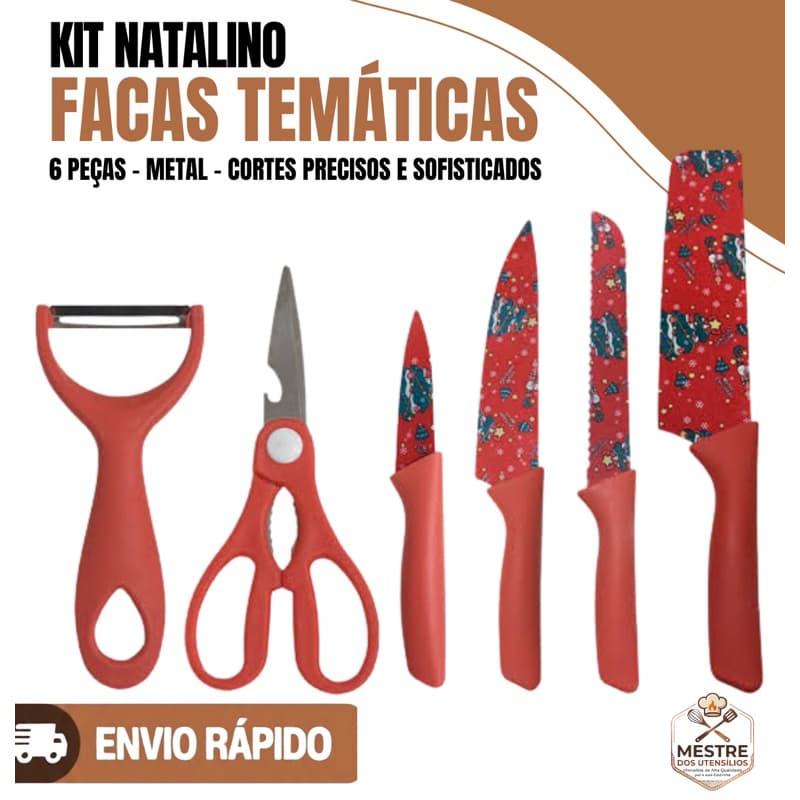 Kit Facas Natalinas 6 Peças Aço Inox Faca Chef Descascador Tesoura Cozinha Presente Natal Envio Rápido