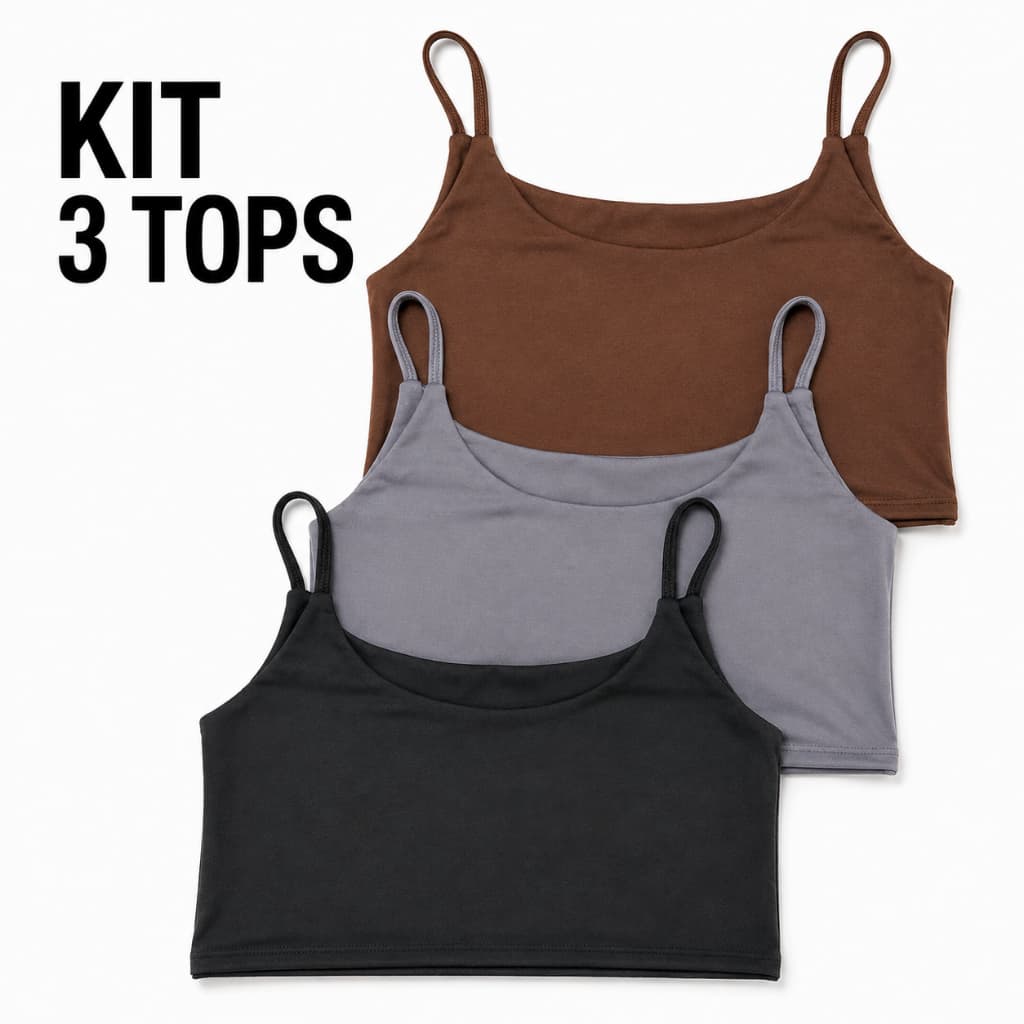 Kit 3 Top Alça Cropped Feminino Forrado Academia Suplex Sem Transparencia Preto Cinza Marrom P ao G2