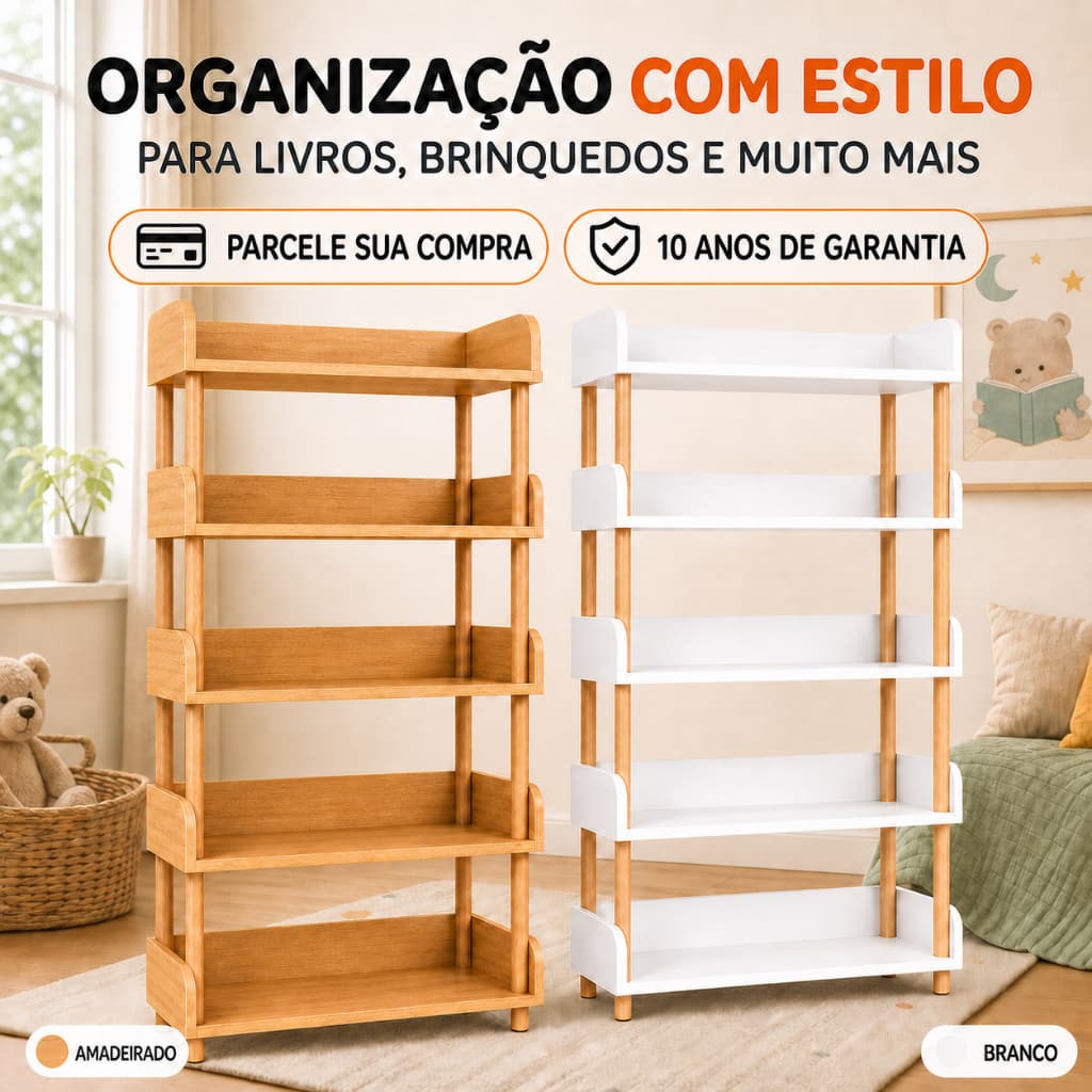 Wooden Bookcase, Estante Organizadora Multiuso, Prateleira de Armazenamento para Sala, Quarto, Escritório e Decoração