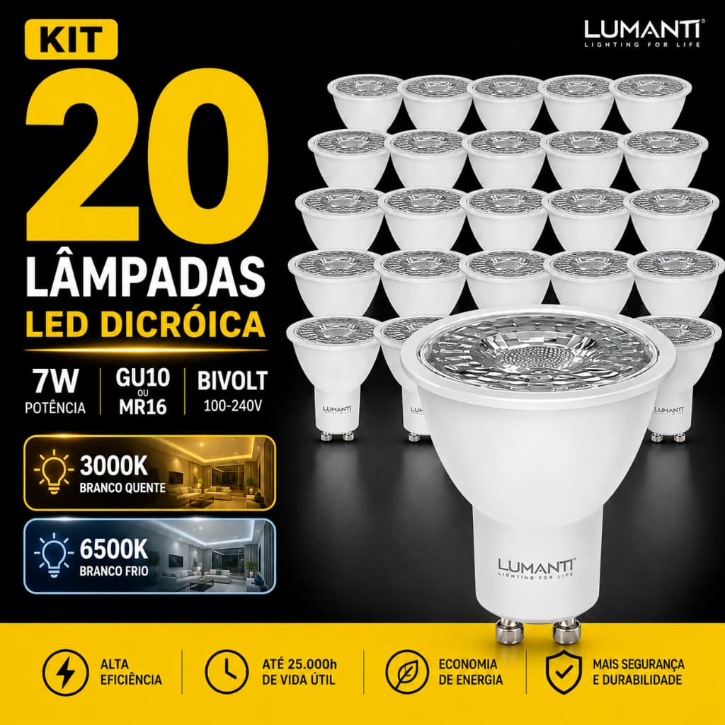 Kit 20 Lâmpada Led Dicróica 7w Mr16 Gu10 Spot Sanca Gesso