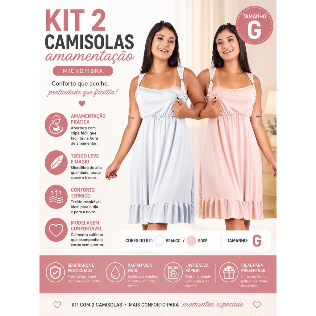 Kit 2 Camisolas de Amamentação Microfibra e Fecho Mamãe e Bebê - TAMANHO: G