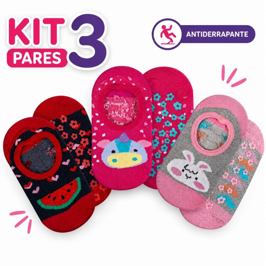 Kit 3 Pares Meia Sapatilha Antiderrapante Infantil Menino Menina Confortável com Estampas variadas Não Escorrega Algodão