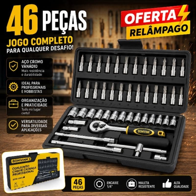 Conjunto de Soquetes 46 Peças com Catraca Reversível 1/4 e Maleta Profissional Bomvink