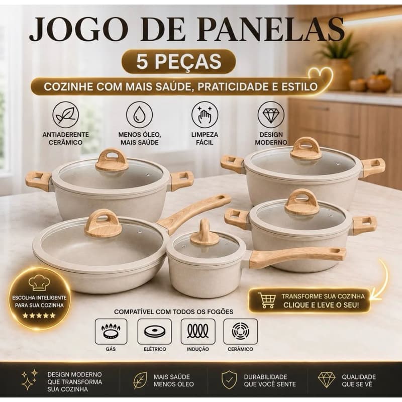 BEGE  Jogo de panela – Revestimento em Cerâmica Antiaderente com cabe de madeira