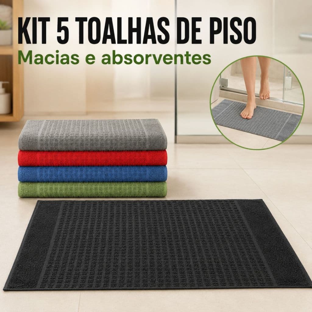 Kit 5 Peças Toalha De Piso Absorção Atoalhado Tecido Felpudo E Resistente Tapete Para Banheiro 45cm x 70cm