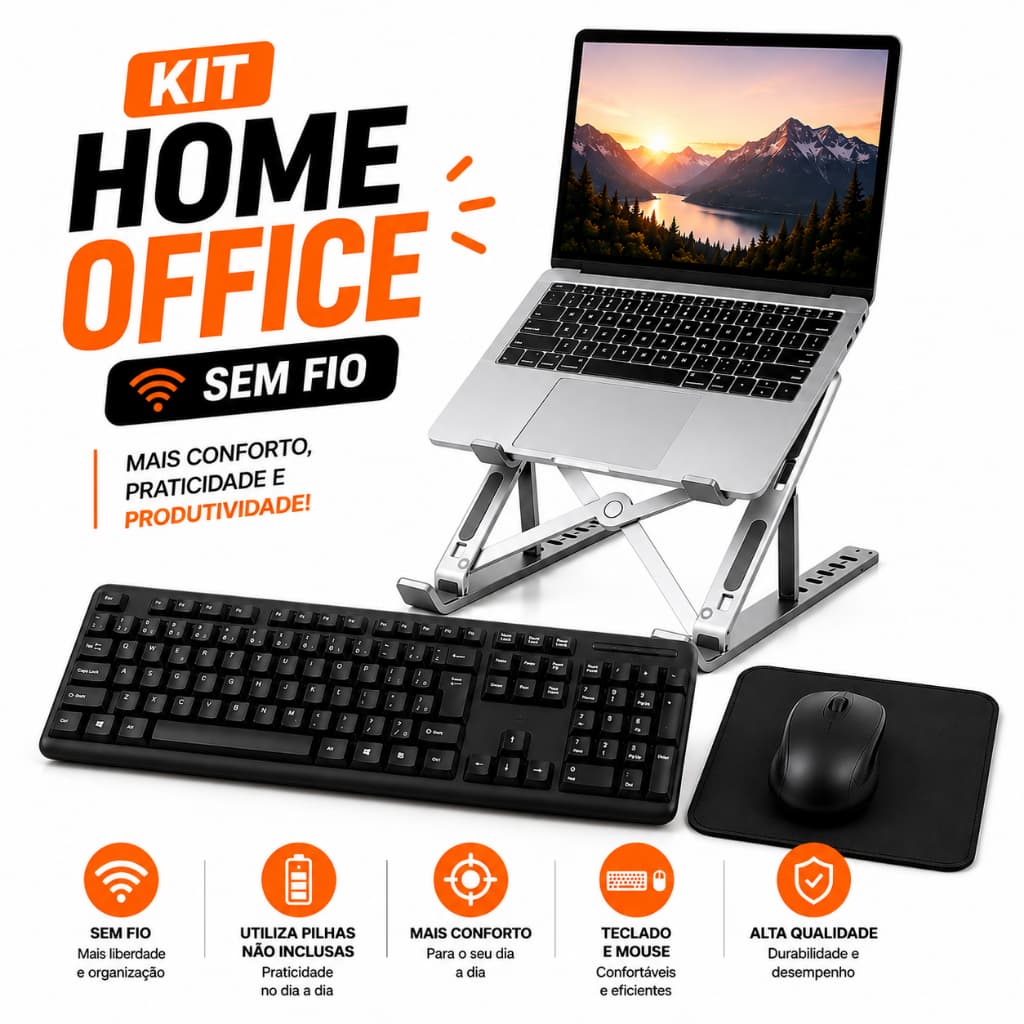 Kit Teclado E Mouse Sem Fio + Suporte Aluminio Notebook Home Office Trabalho