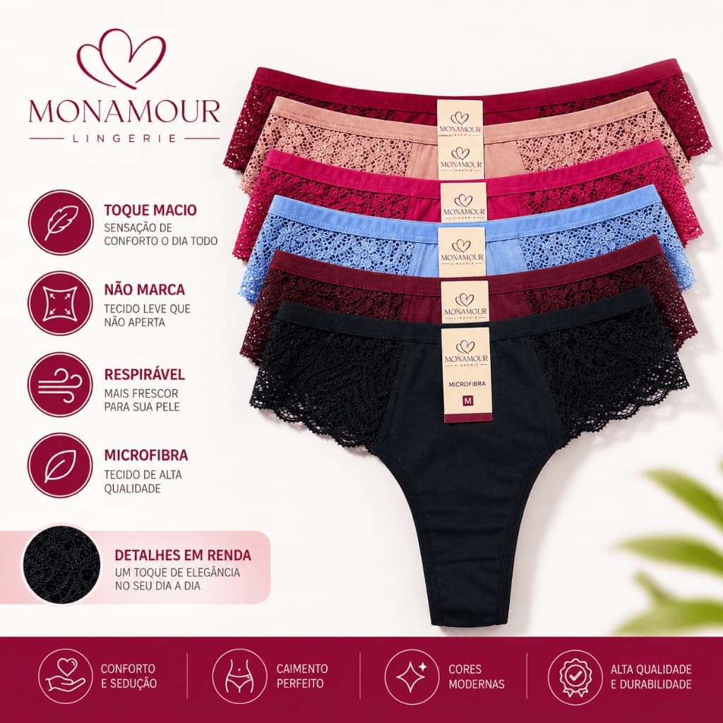 Kit Calcinhas Tanga Fio Microfibra Renda Lateral Conforto e Sensualidade Dia a Dia