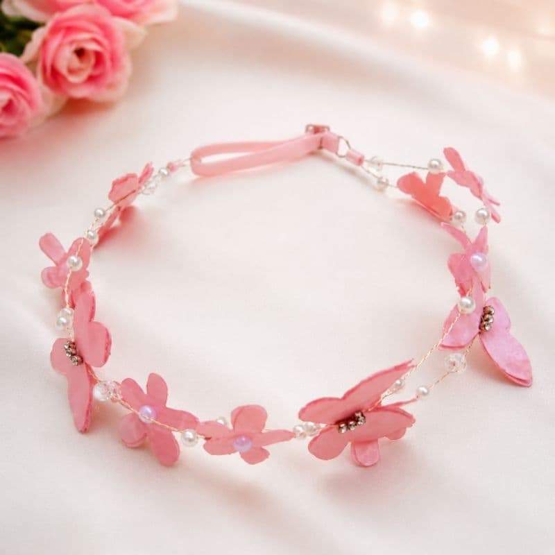 Tiara Headband Flores e Borboletas Rosa, tiara para Ensaios fotográficos Casamentos, eventos, aniversário Damas de honra