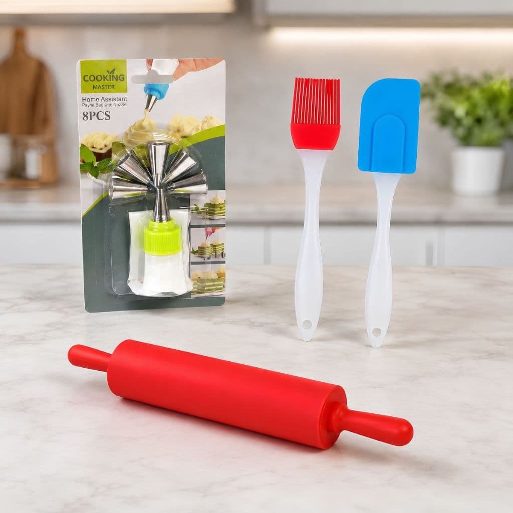 Kit Confeitaria Completo com Rolo de Silicone Saco com Bicos Espátula e Pincel Culinário para Bolos e Massas