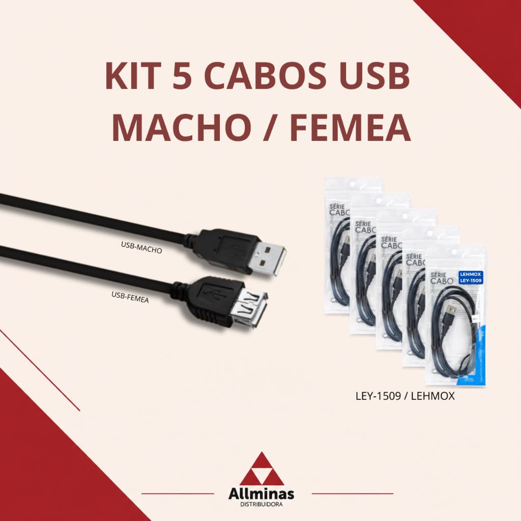KIT 5 CABOS USB MACHO X FEMEA LEY-1509 LEHMOX