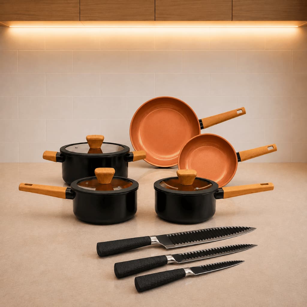 Jogo De Panelas Gourmet Kit 11 Peças Cerâmica Antiaderente Indução Tampa Soft Touch Hauskraft Premium Facas