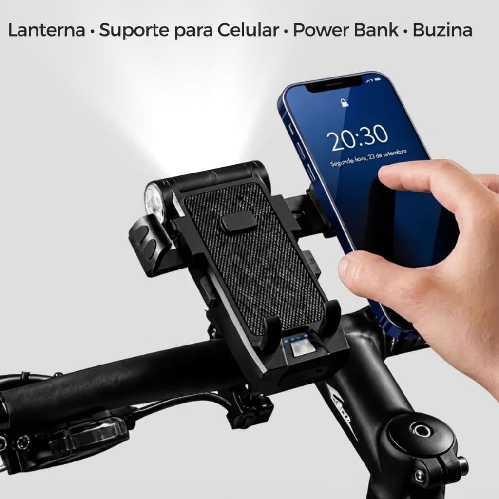 Lanterna para Bike com Suporte de Celular Power Bank Alarme SOS Resistente à Água