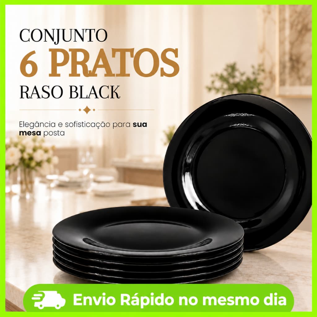 Kit Conjunto 6 Pratos 25cm Raso Black Preto Jantar Vidro Liso Opaline P/ Refeições Envio Imediato
