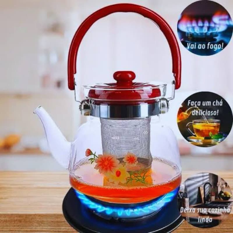 Chaleira de Vidro cafeteira 1,4 litro Vai ao fogao Com Infusor Inox Moderna Luxo Café Chá