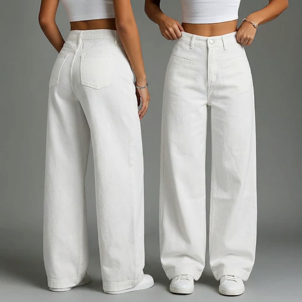 Calça Jeans Feminina Wide Leg Branca Cintura Alta Pantalona Reta Casual Confortável com Bolsos Moda Premium