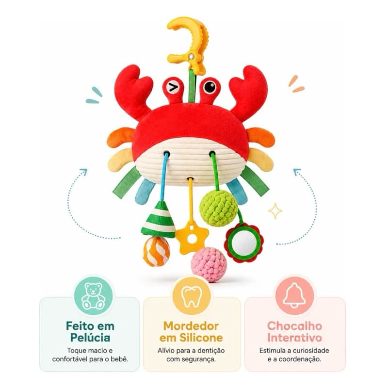 Brinquedo de pelúcia caranguejo com mordedor, espelho, guizo e bolas sensoriais – diversão e estímulo para bebês