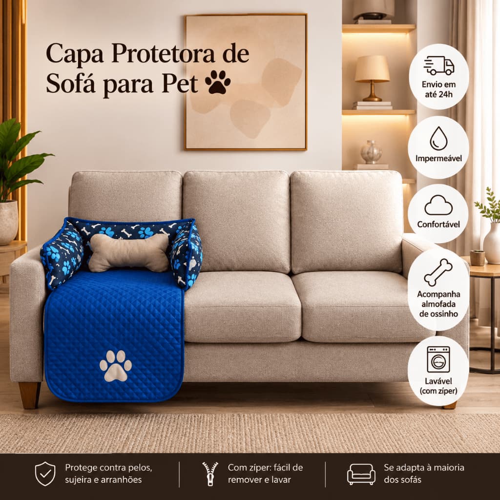 Capa Protetora de Sofá Pet + Almofada Ossinho - Fundo Impermeável Lavável com Zíper para Cachorro e Gato Tamanho P