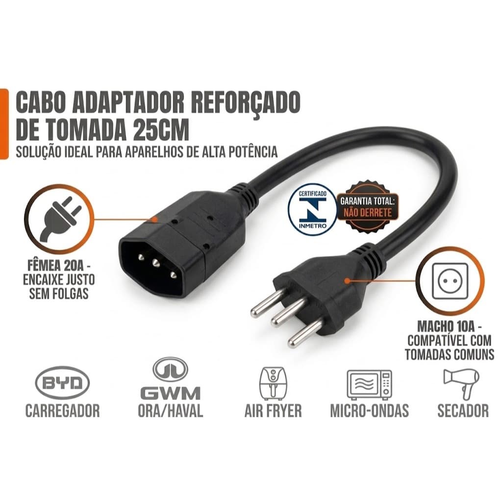 Adaptador Cabo 20a Para 10a Carro Elétrico Byd Gwm Airfryer