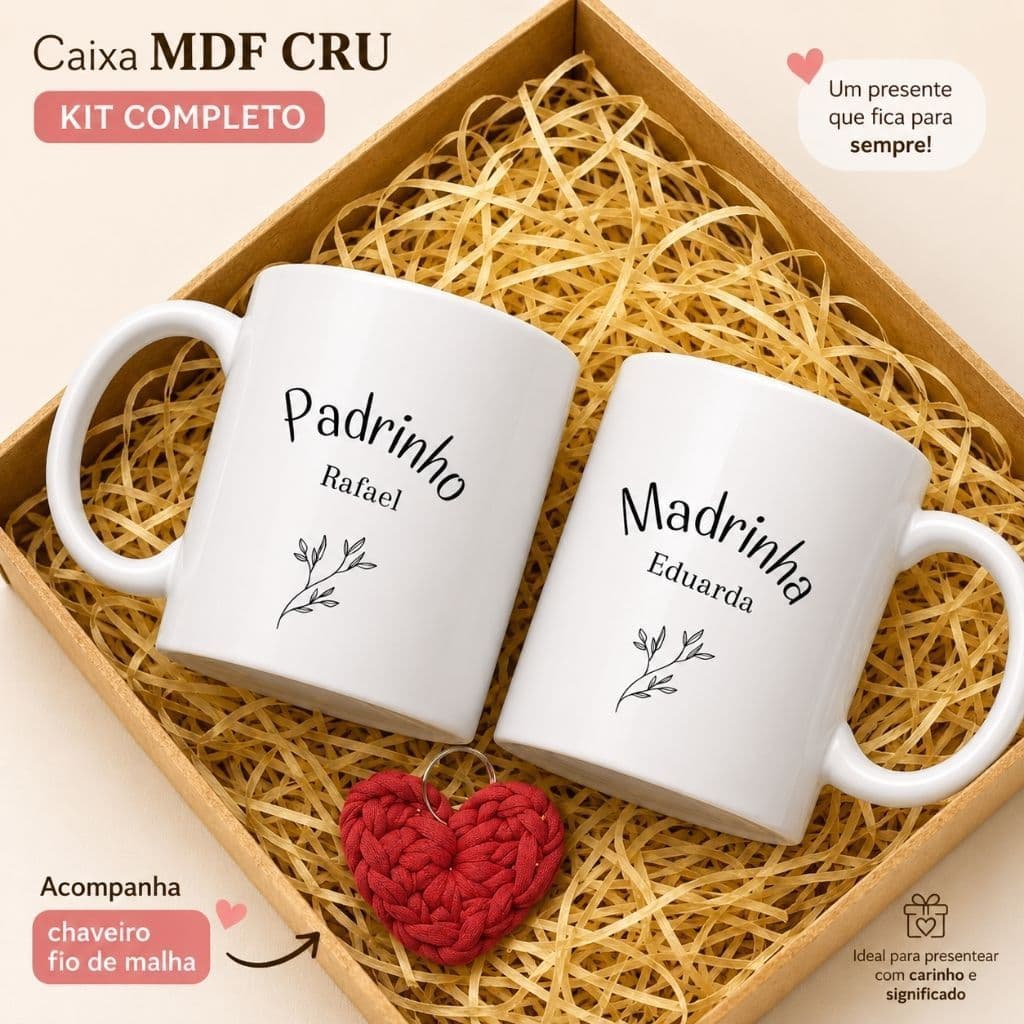 Kit Casamento Padrinhos - 2 Caneca Personalizadas + 1 caixa mdf cru + 1 chaveiro artesanal- Madrinha