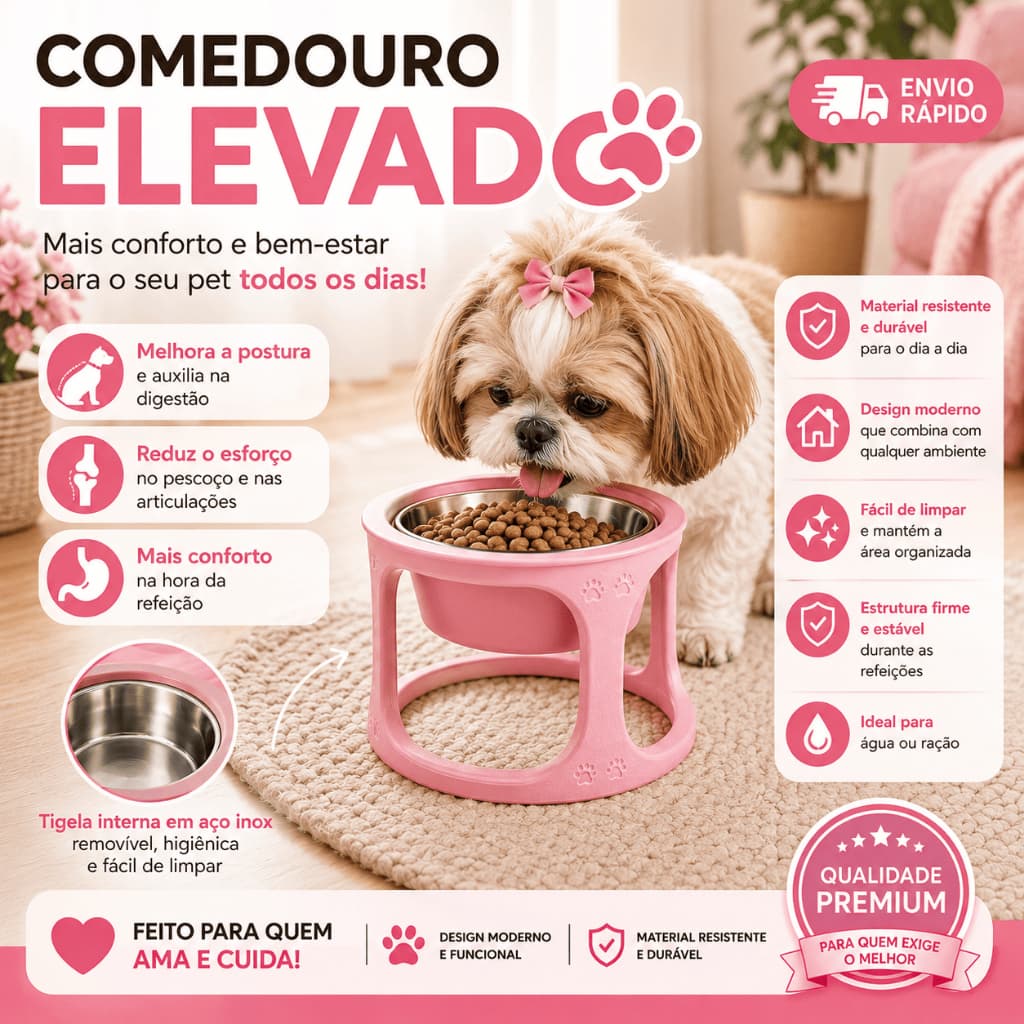 Comedouro Elevado Pet Premium Inox Para Cachorro Gato Bebedouro Tigela