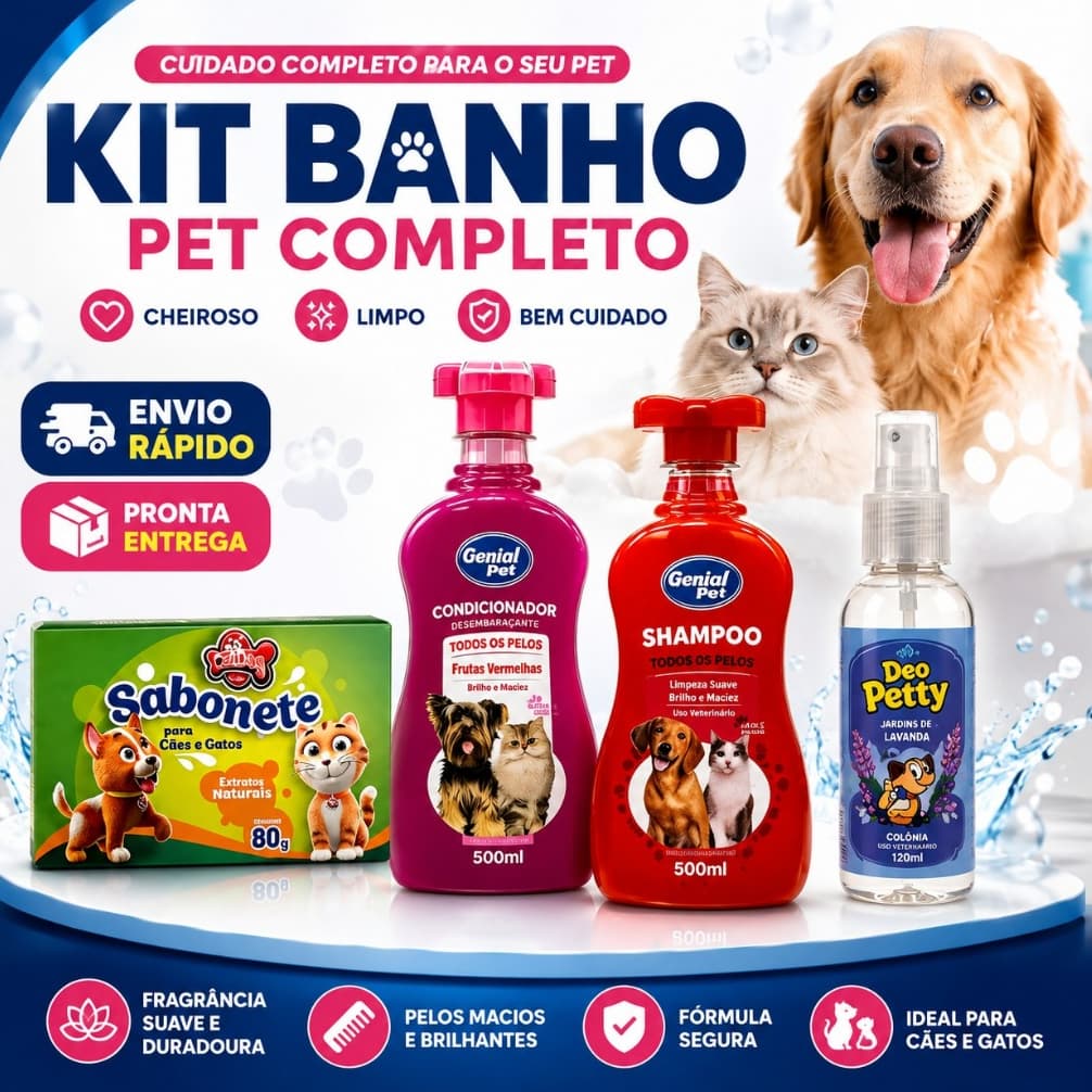 Kit Banho Pet Completo Shampoo + Condicionador + Colônia + Sabonete Cachorro e Gato Cheiroso Envio Rápido