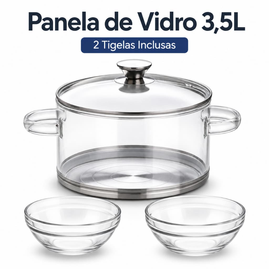 Panela de Vidro Borossilicato 3,5L com Tampa Base Inox para Fogão a Gás e Indução + 2 Tigelas