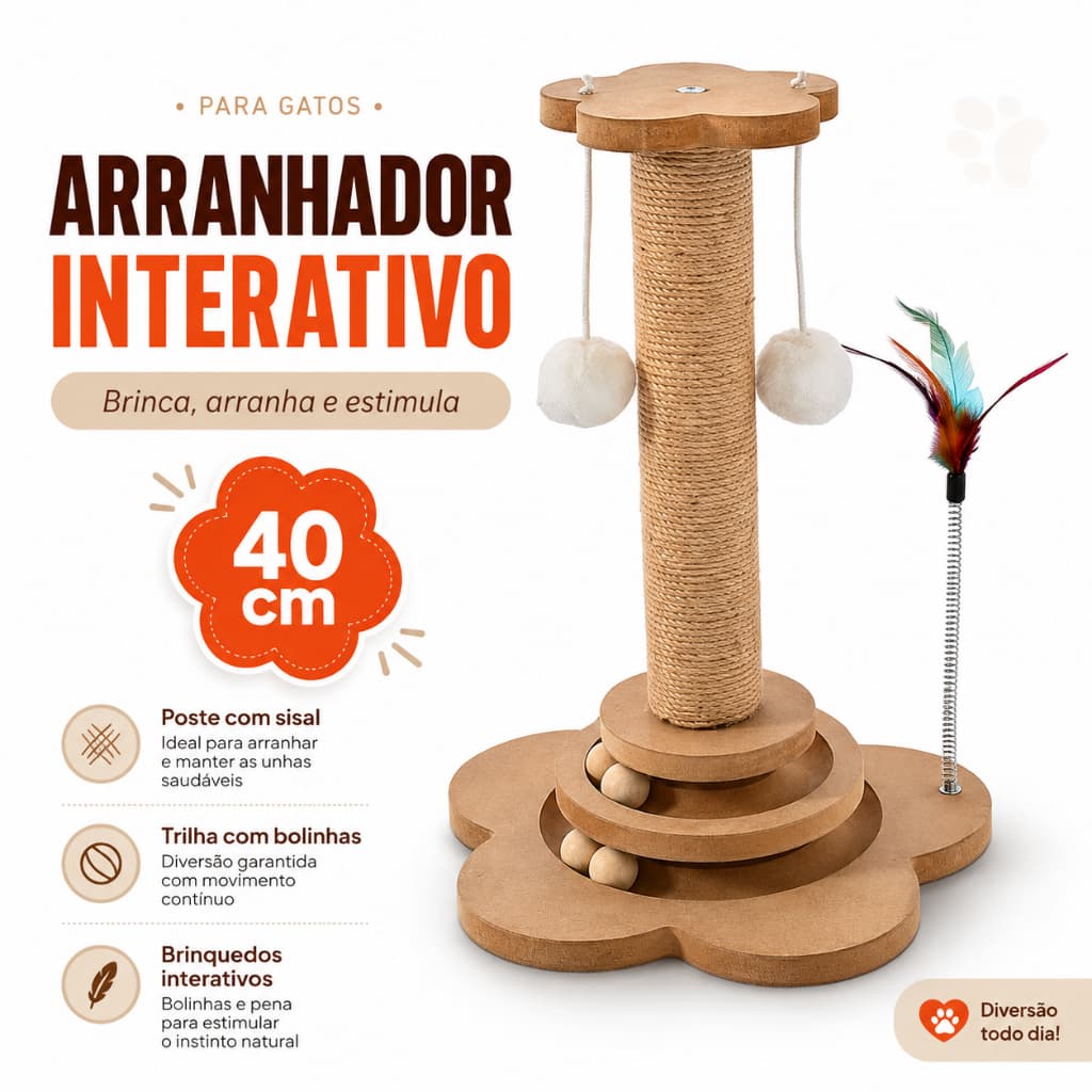 Arranhador Interativo para Gatos 40cm com Sisal Bolinhas e Brinquedo com Penas