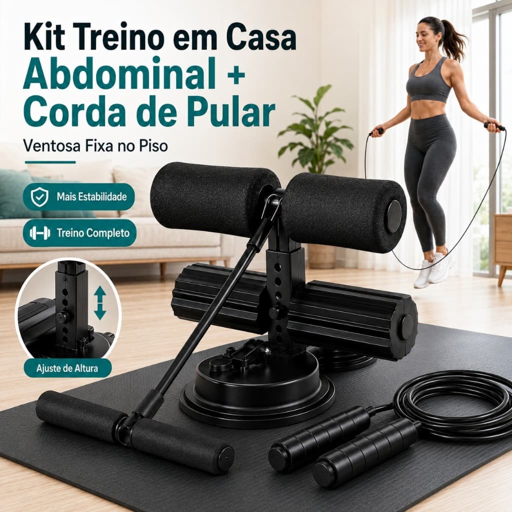 Aparelho Abdominal Kit 2 Peças com Fixador de Pés + Corda de Pular Treino Completo