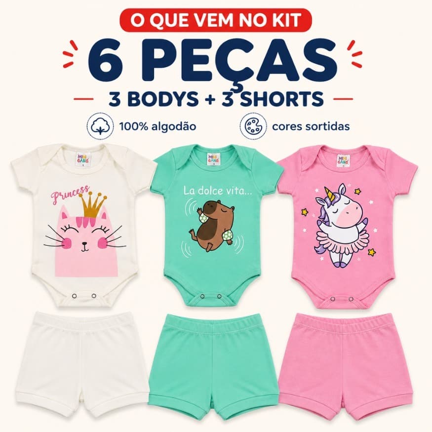 Kit 6 Peças Roupa De Bebê Body Menina Animado Estampado Algodão