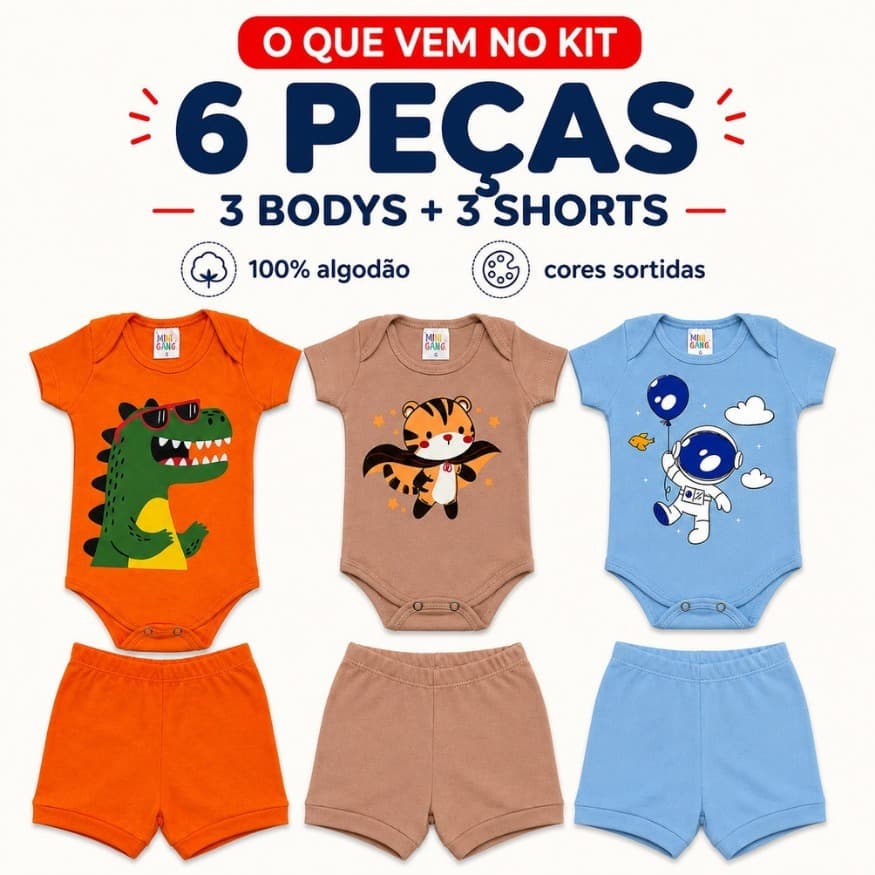Kit 6 Peças Roupa De Bebê Body Menino Animado Estampado Algodão