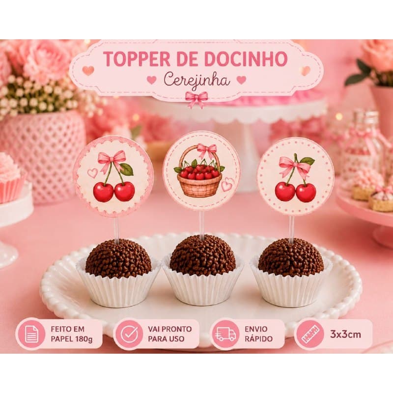 Topper para Docinhos Cerejinha | Tema Cereja | Festa Infantil | Decoração de Mesa