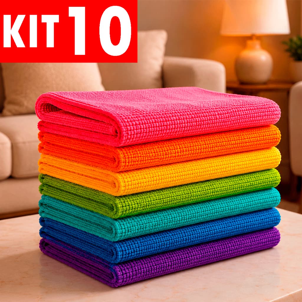 Kit 10 Panos de Microfibra Premium 40x60 para Limpeza com Alta Absorção Multiuso