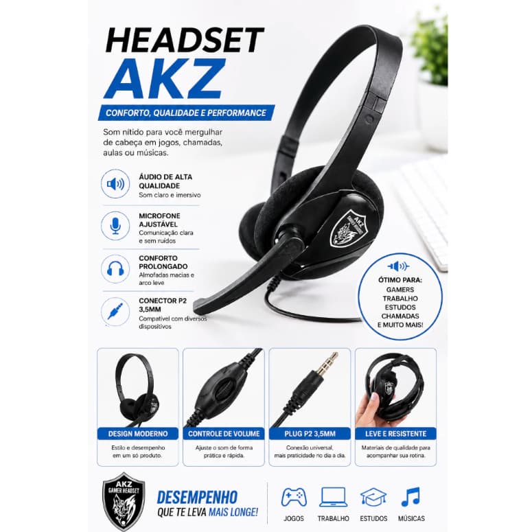 Headset Gamer AKZ com Microfone – Conforto, Som de Qualidade e Máxima Performance!