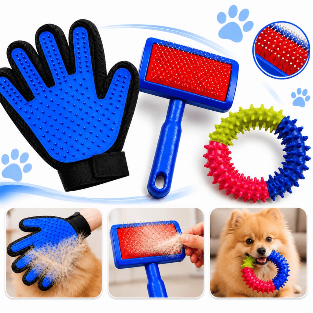 Kit Pet Luva Tira Pelos + Escova Rasqueadeira + Mordedor Pet