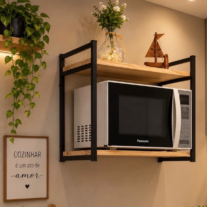 Nicho Prateleira MDF Industrial Metalon Ferro Suspensa para Microondas, Forno, Cafeteira, Air Fryer, Potes e Decoração