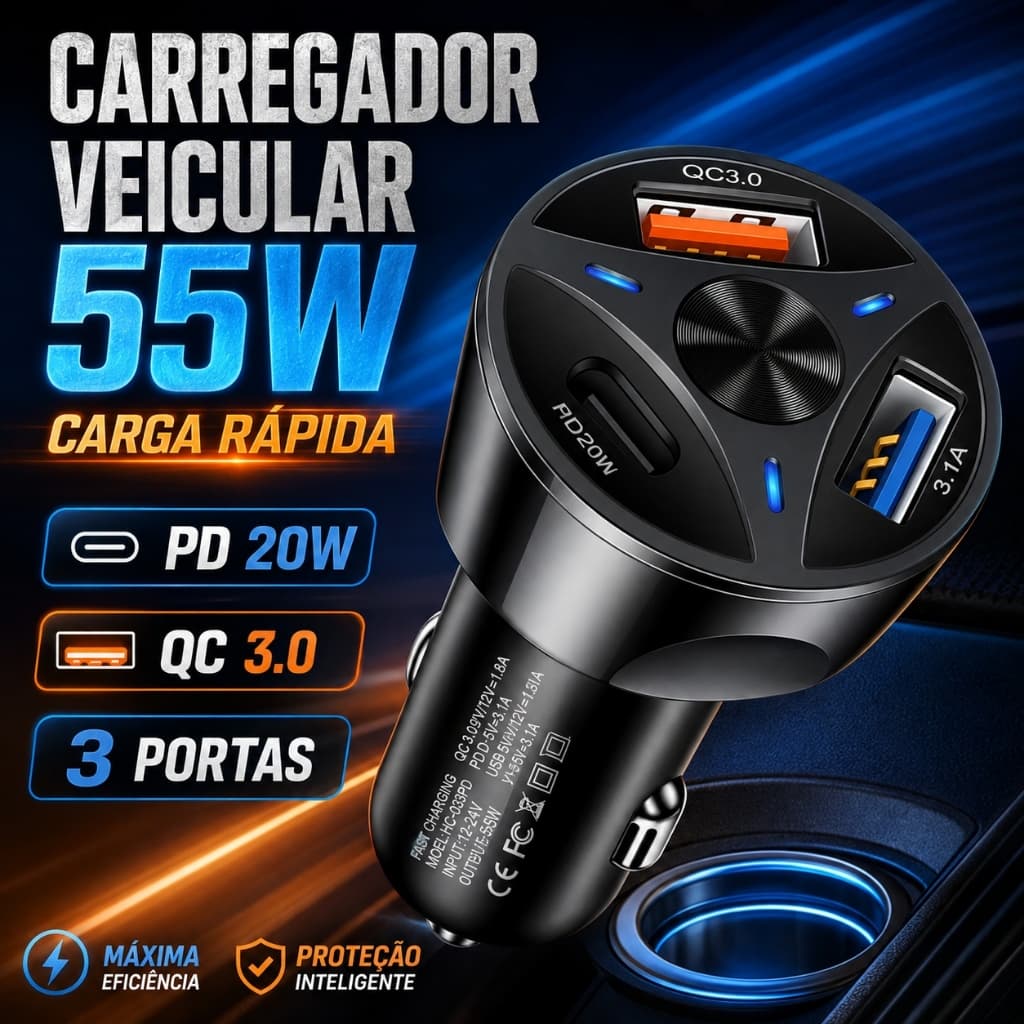 Carregador Veicular 55W 3 Portas USB-C PD20W QC3.0 USB 3.1A Carga Rápida Para Carro Preto Branco