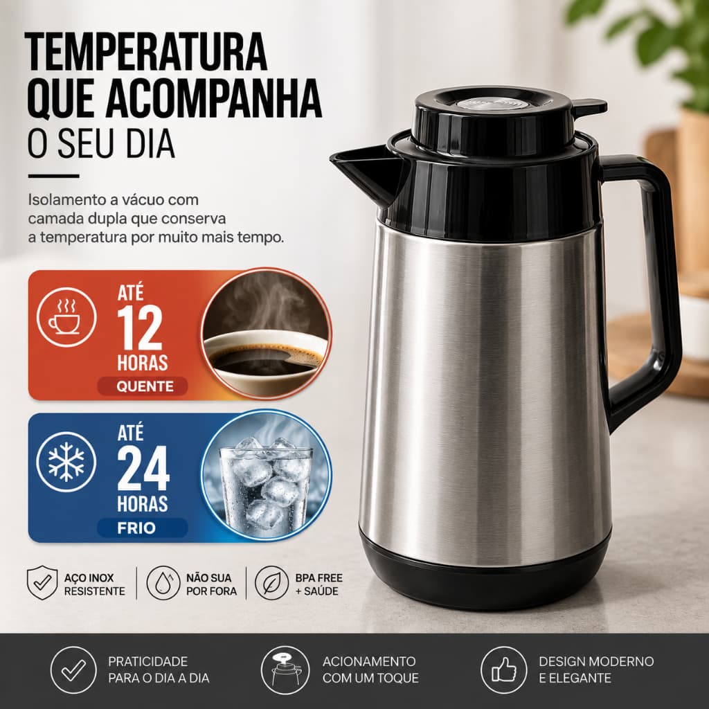 Garrafa Térmica De Mesa 1 Litro até 1900ml Em Aço Inox Para Café E Chá
