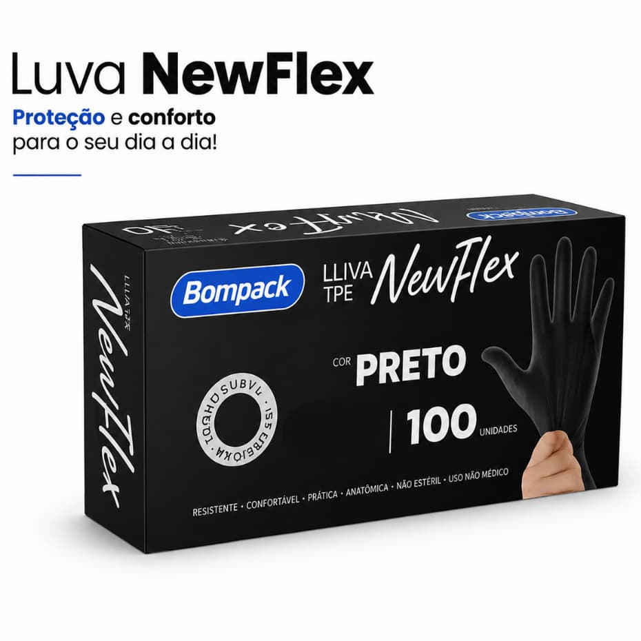Luva NewFlex TPE Preta Descartável – Caixa com 100 Unidades