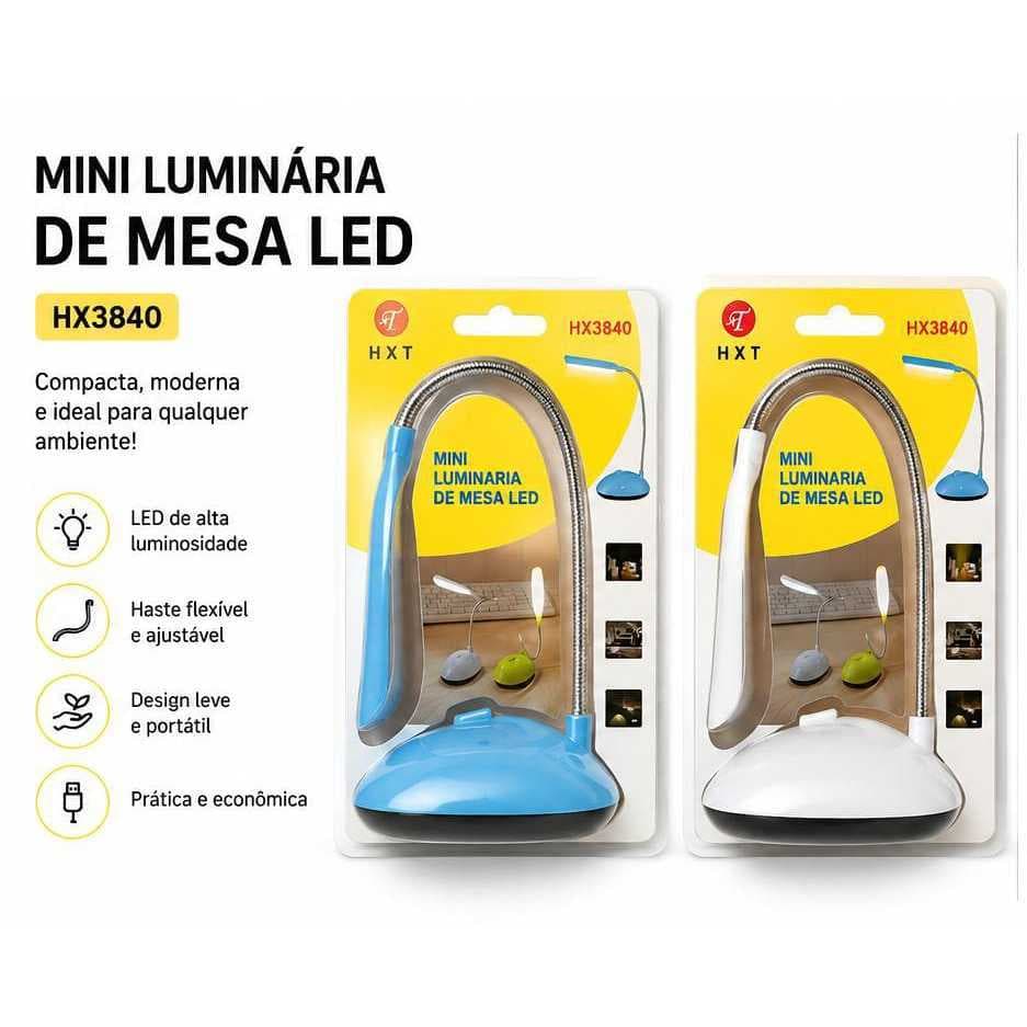 Mini Luminária de Mesa LED Flexível Ajustável Portátil para Estudo Leitura Escritório Quarto HX3840