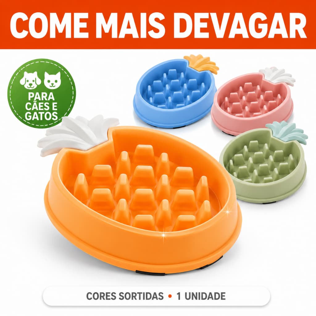 Comedouro Lento Abacaxi para Cães e Gatos Silicone Anti Engasgo Cores Sortidas