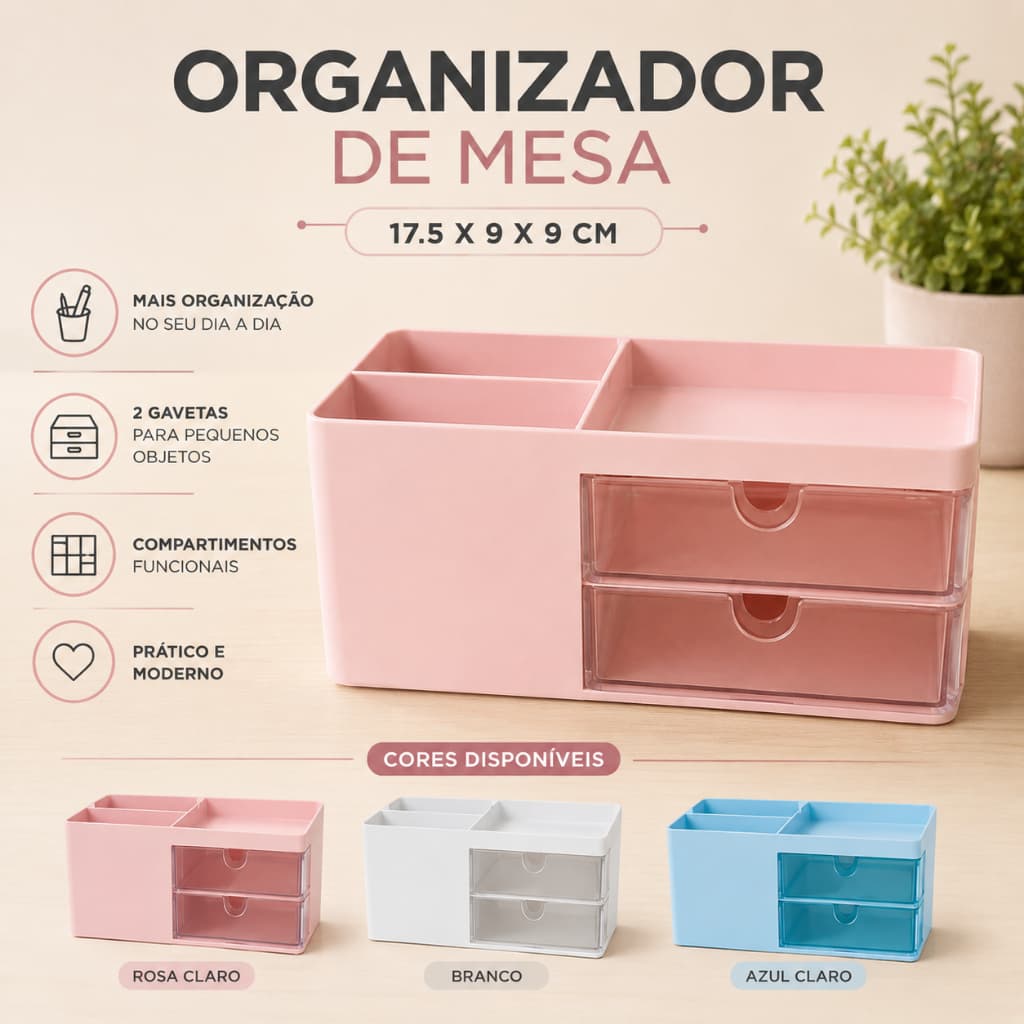Organizador de Mesa de Estudo Escritório Penteadeira com Gavetas Divisórias Porta Canetas Maquiagem