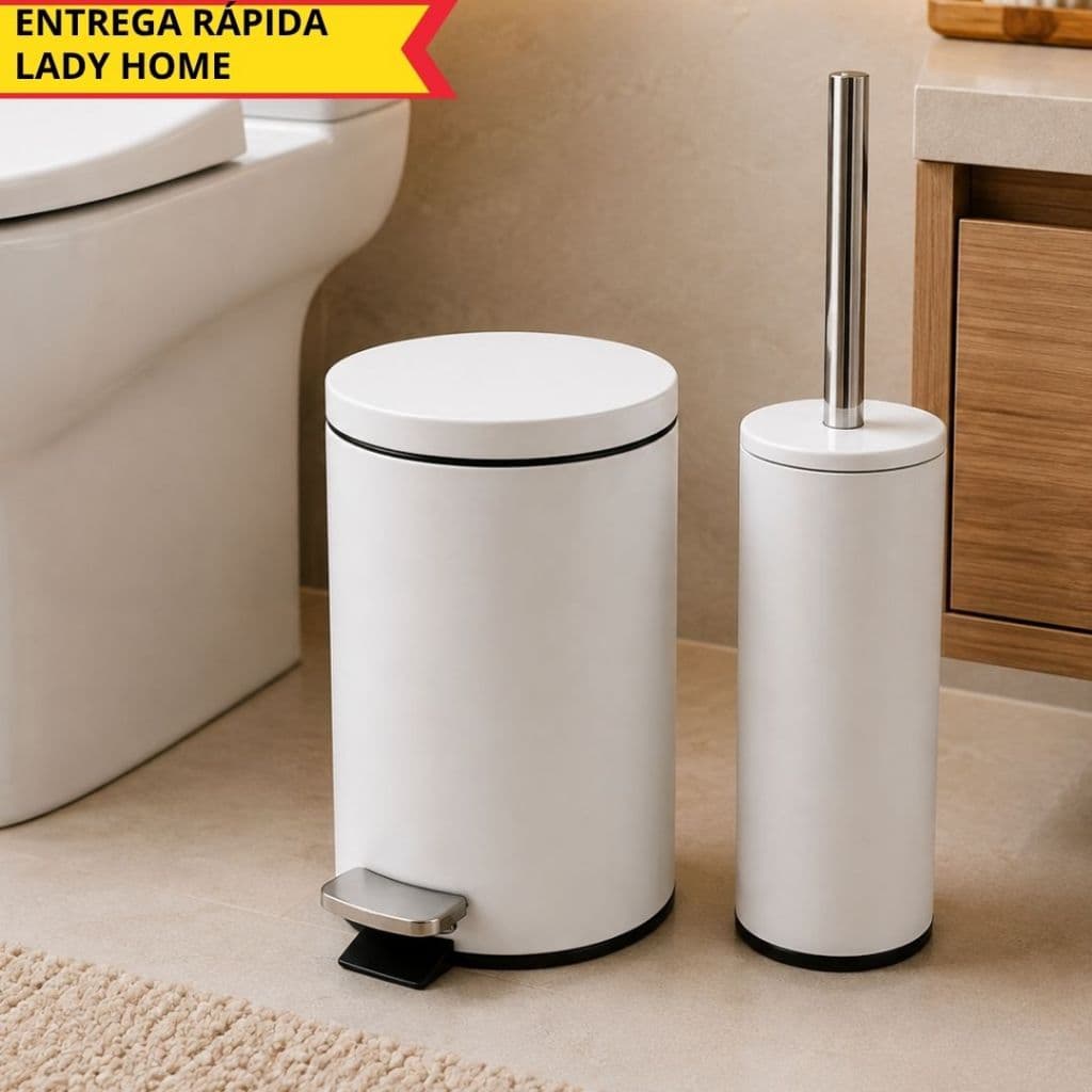 Kit Lixeira Premium 3 Litros + Escova Sanitária Branco Matte Com Cesta Banheiro Escritório