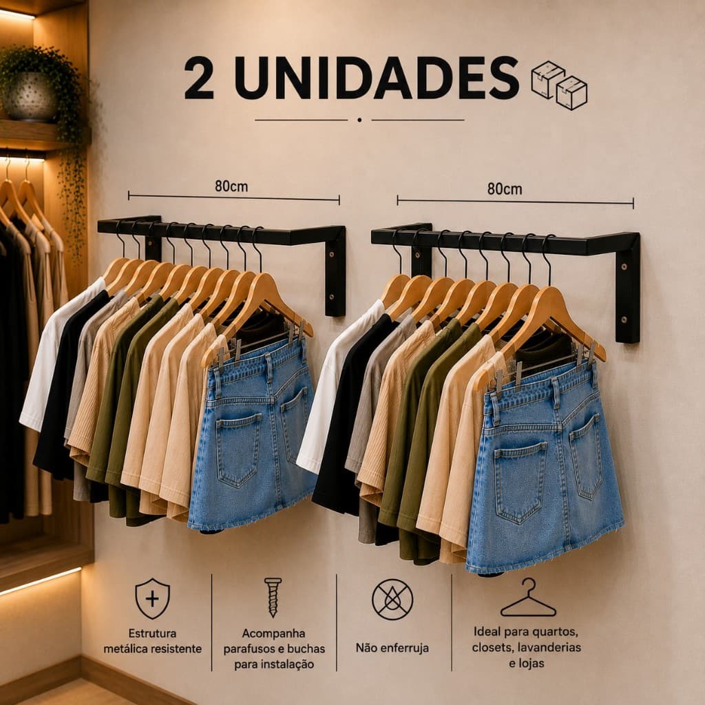 2 Araras De Roupa Parede 0.80m Suporte Roupas Cabideiro Quarto Closet Preto/Branco