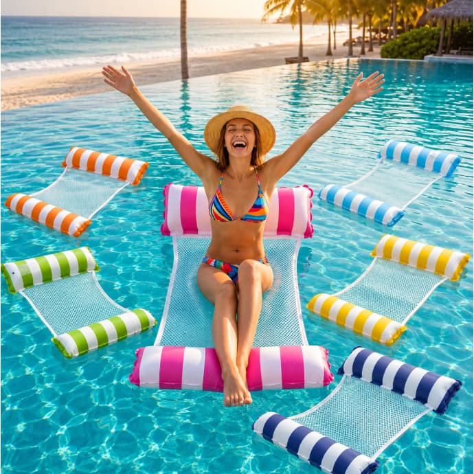 KIT Boia Piscina Adulto Rede Inflável Flutuante com Encosto – Cama de Água Confortável para Praia e Piscina