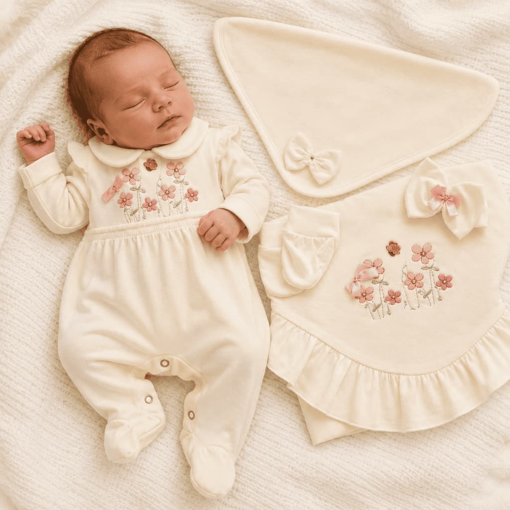 Kit Saída Maternidade Menina Borboletas 5 Peças Macacão Manta Naninha Luva Faixinha 0-3 meses Enxoval Bebê