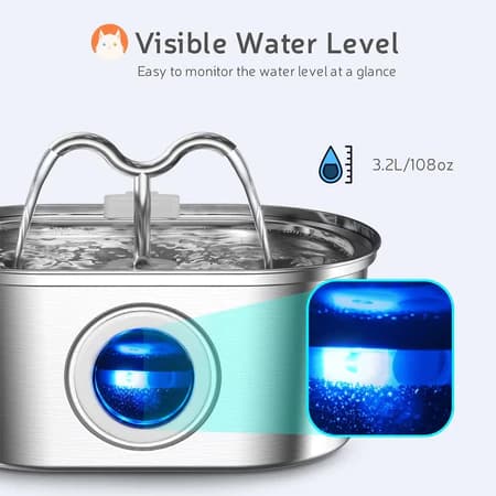 copete Bebedouro para Gatos Inoxidável 3,2L Automático Filtro Água Fresca - Com Visor Transparente